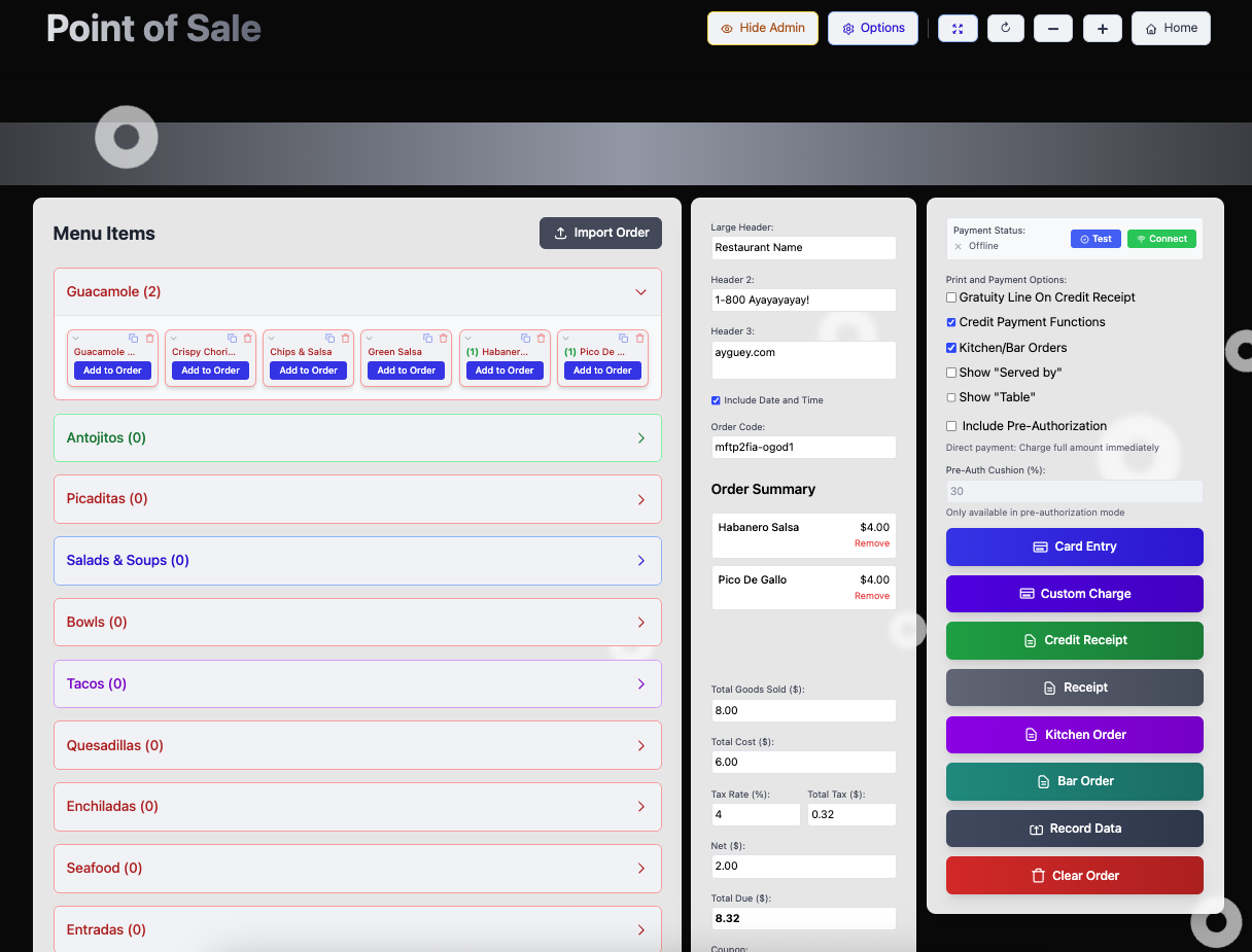 The Bkeeper5000 point of sale screen with menu categories, order summary and payment buttons